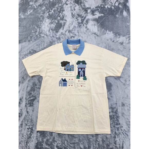 Vintage Valerie Sockwell Folk Art Applique Quilted Embroidered Collared Tee L - Picture 1 of 9